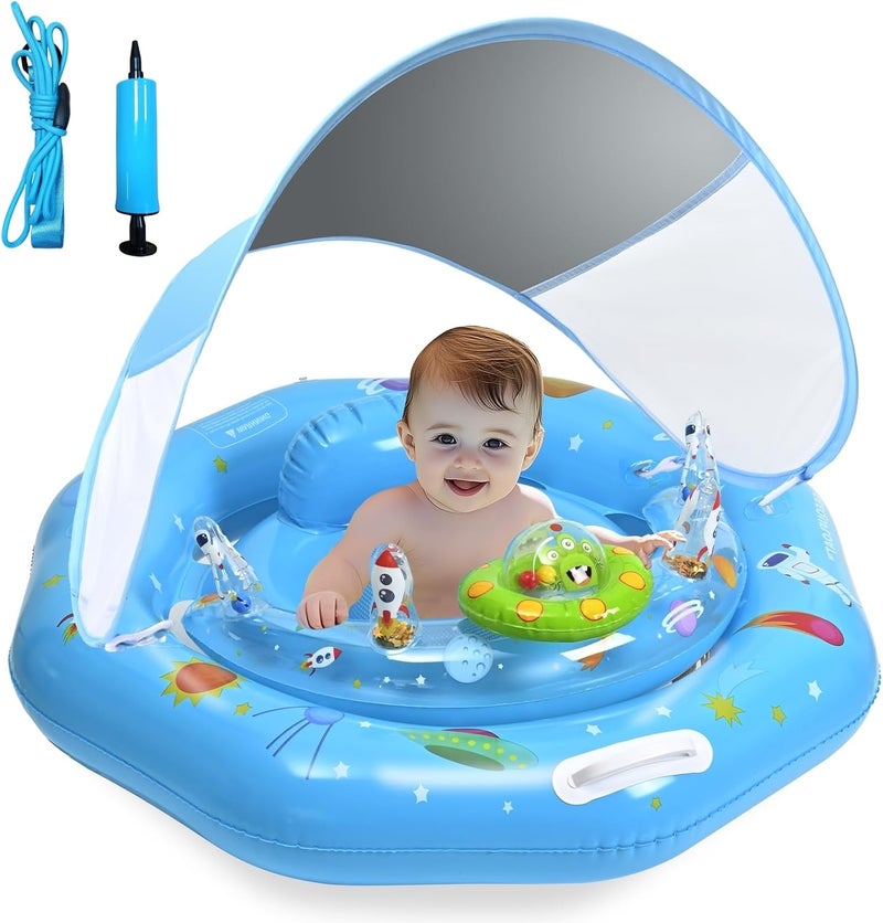 GEEQUFLOAT Baby Pool Float with Canopy, Inflatable Baby Swim Float with UPF50+ Sun Protection, Infant Pool Float with Toy Play Console,Safety Handles & Leashes,Adjustable Safety Seat For Toddler Aged 6-36 Months - Image 1